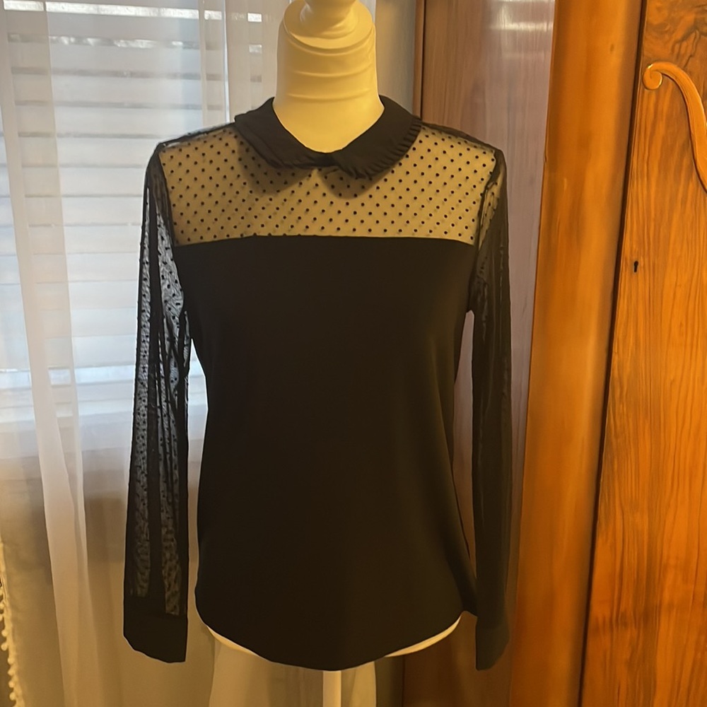 CeCe Black Sheer Polka Dot Top